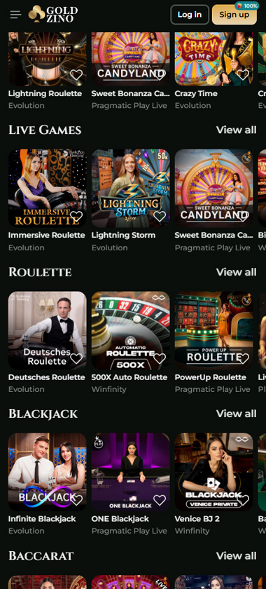 Goldzino Casino mobile live casino screenshot displaying real dealer tables including roulette, blackjack and baccarat with compact lobby layout   tested