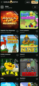 Goldzino Casino mobile slots screenshot showing slot games, categories and featured titles on smartphone interface - tested