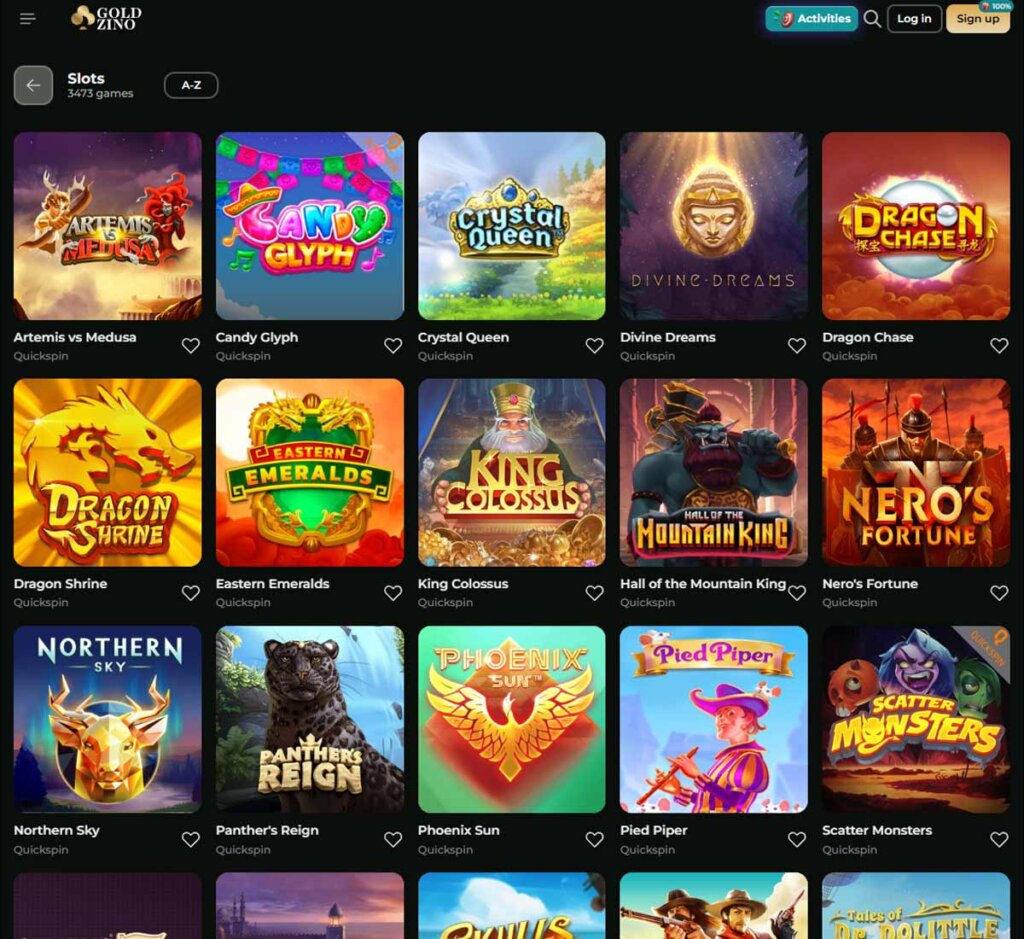 Goldzino Casino desktop slots screenshot showing a wide variety of slot games, categories and featured titles in the game lobby - tested