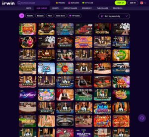 Irwin Casino desktop live games showing live casino lobby - tested