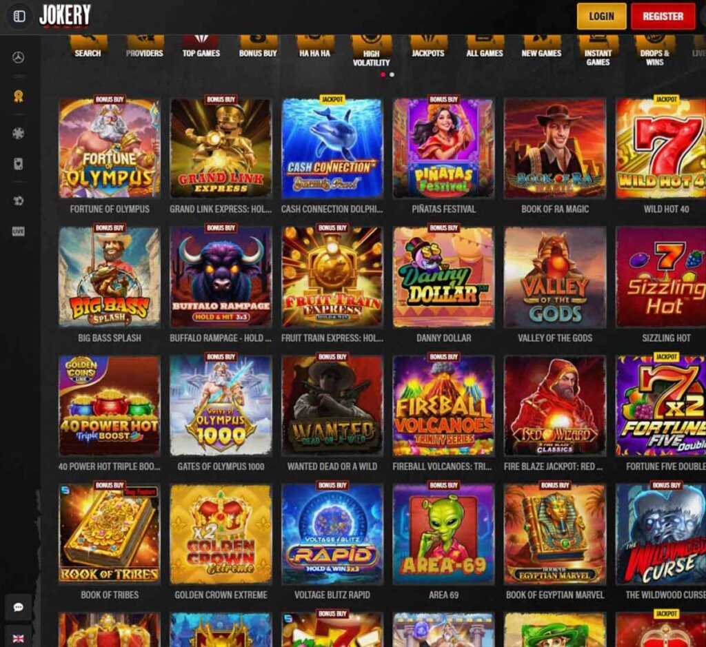 Jokery Casino desktop top games screenshot showing featured casino games, popular slots and game categories - tested