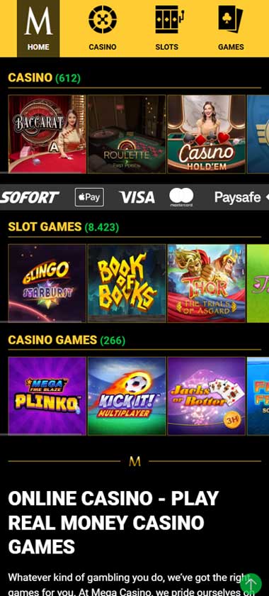 Mega Casino mobile homepage screenshot showing navigation menu, featured games and promotions on smartphone interface - tested