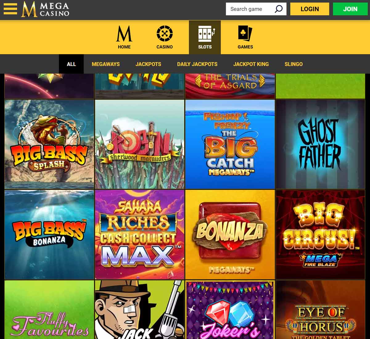 Mega Casino desktop slots screenshot showing variety of slot games, categories and featured titles   tested