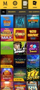 Mega Casino mobile slots screenshot showing slot games, categories and featured titles on smartphone interface - tested