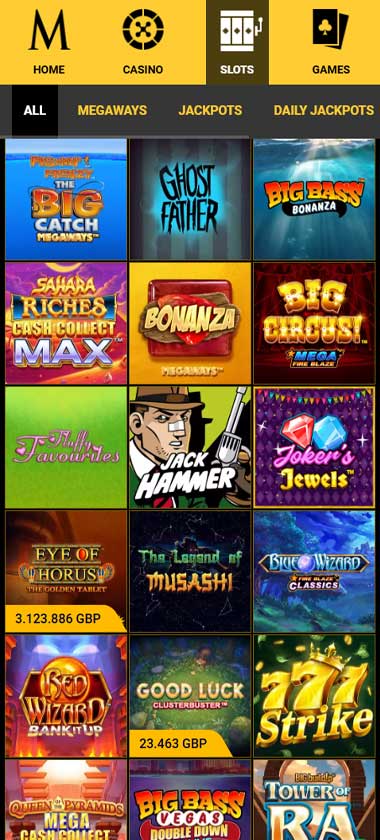 Mega Casino mobile slots screenshot showing slot games, categories and featured titles on smartphone interface - tested
