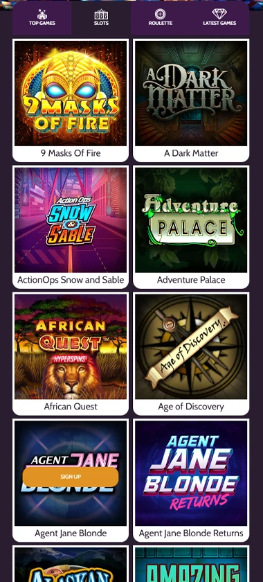 Mummysgold Casino mobile interface screenshot showing a collection of featured slot games   tested