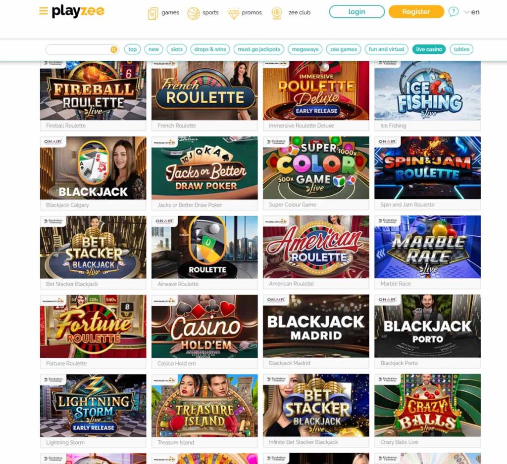 Playzee Casino desktop live casino screenshot showing real-dealer tables including roulette, blackjack and baccarat with lobby navigation - tested