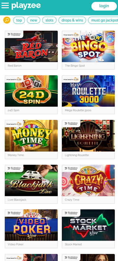 Playzee Casino mobile live casino screenshot showing real-dealer tables including roulette, blackjack and baccarat on smartphone interface - tested