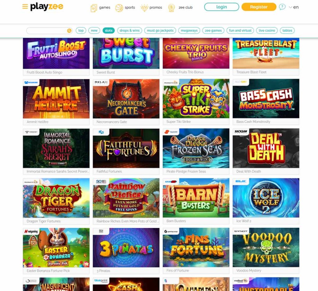 Playzee Casino desktop slots screenshot showing slot game categories, featured titles and filtering options - tested