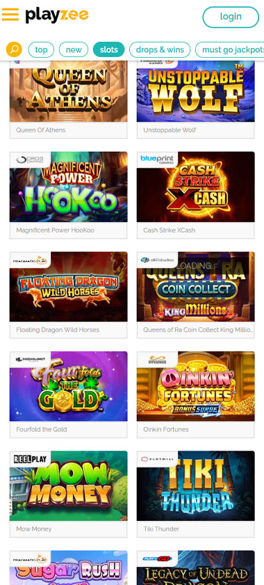 Playzee Casino mobile slots screenshot showing slot game categories, featured titles and navigation on smartphone interface - tested