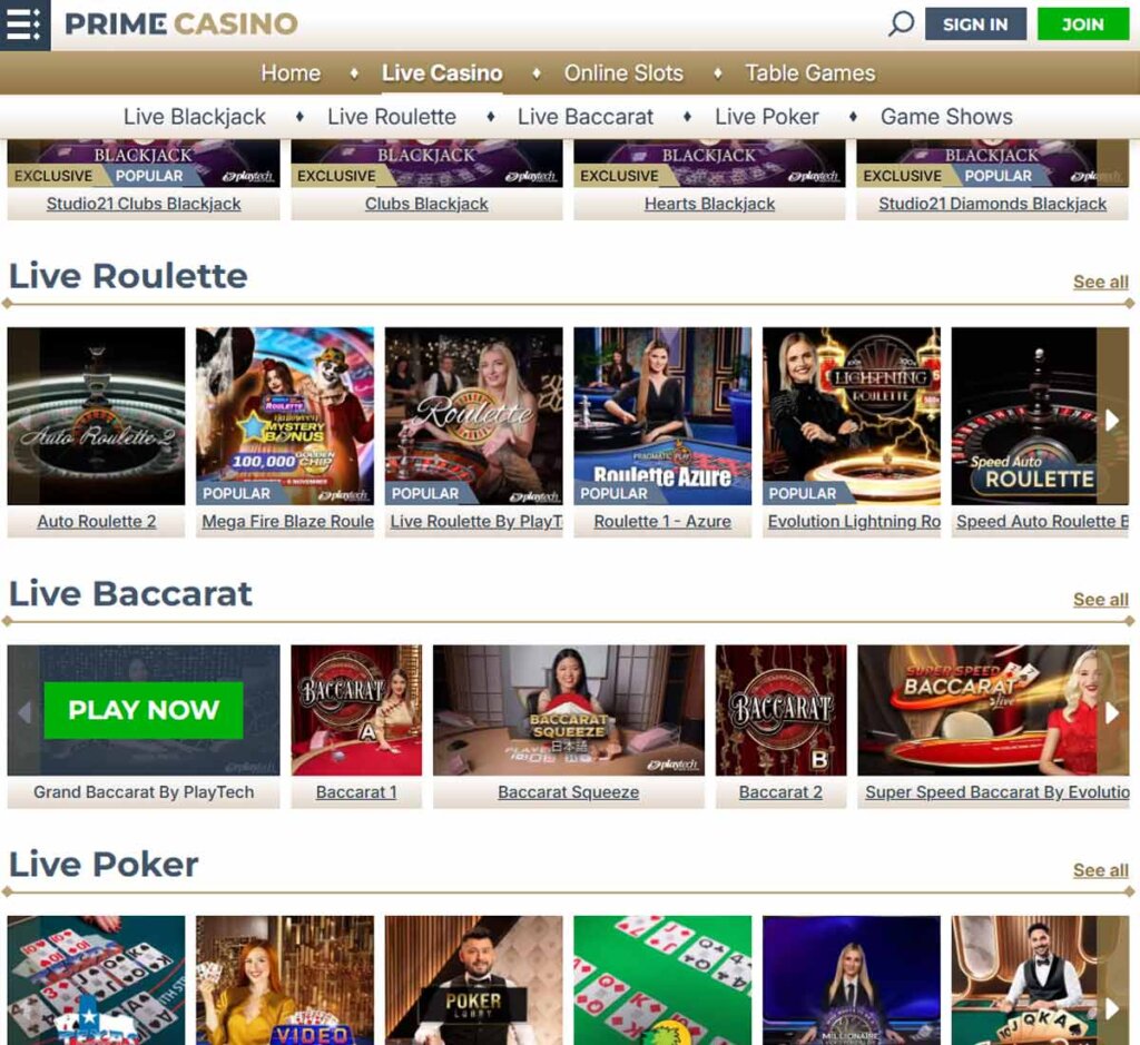 Prime Casino desktop live casino screenshot showing categories of live roulette, live baccarat and live poker - tested
