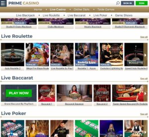 Prime Casino desktop live casino screenshot showing categories of live roulette, live baccarat and live poker - tested