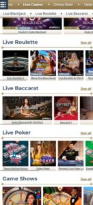 Prime Casino mobile live casino screenshot showing categories of live roulette, live baccarat and live poker and game show - tested