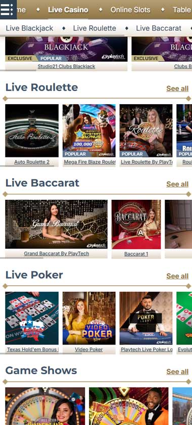 Prime Casino mobile live casino screenshot showing categories of live roulette, live baccarat and live poker and game show - tested