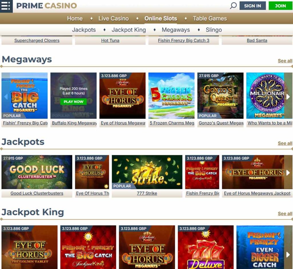 Prime Casino desktop slots screenshot showing megaways and jackpot slots - tested