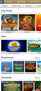 Prime Casino mobile slots screenshot showing top picks, new, megaways and jackpots - tested
