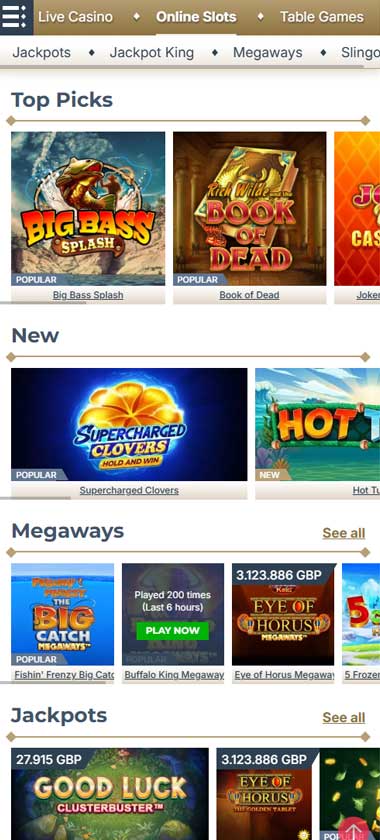 Prime Casino mobile slots screenshot showing top picks, new, megaways and jackpots - tested