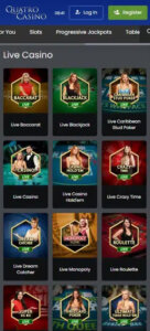 Quatro Casino mobile live casino screenshot showing games such as Caribbean Stud Poker, Crazy Time and Live Casino Hold'em - tested