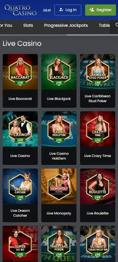 Quatro Casino mobile live casino screenshot showing games such as Caribbean Stud Poker, Crazy Time and Live Casino Hold'em   tested