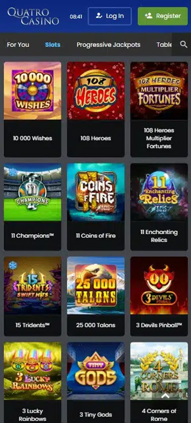Quatro Casino mobile slots screenshot showing games 11 Champions, 25 000 Talons and 15 Tridents   tested