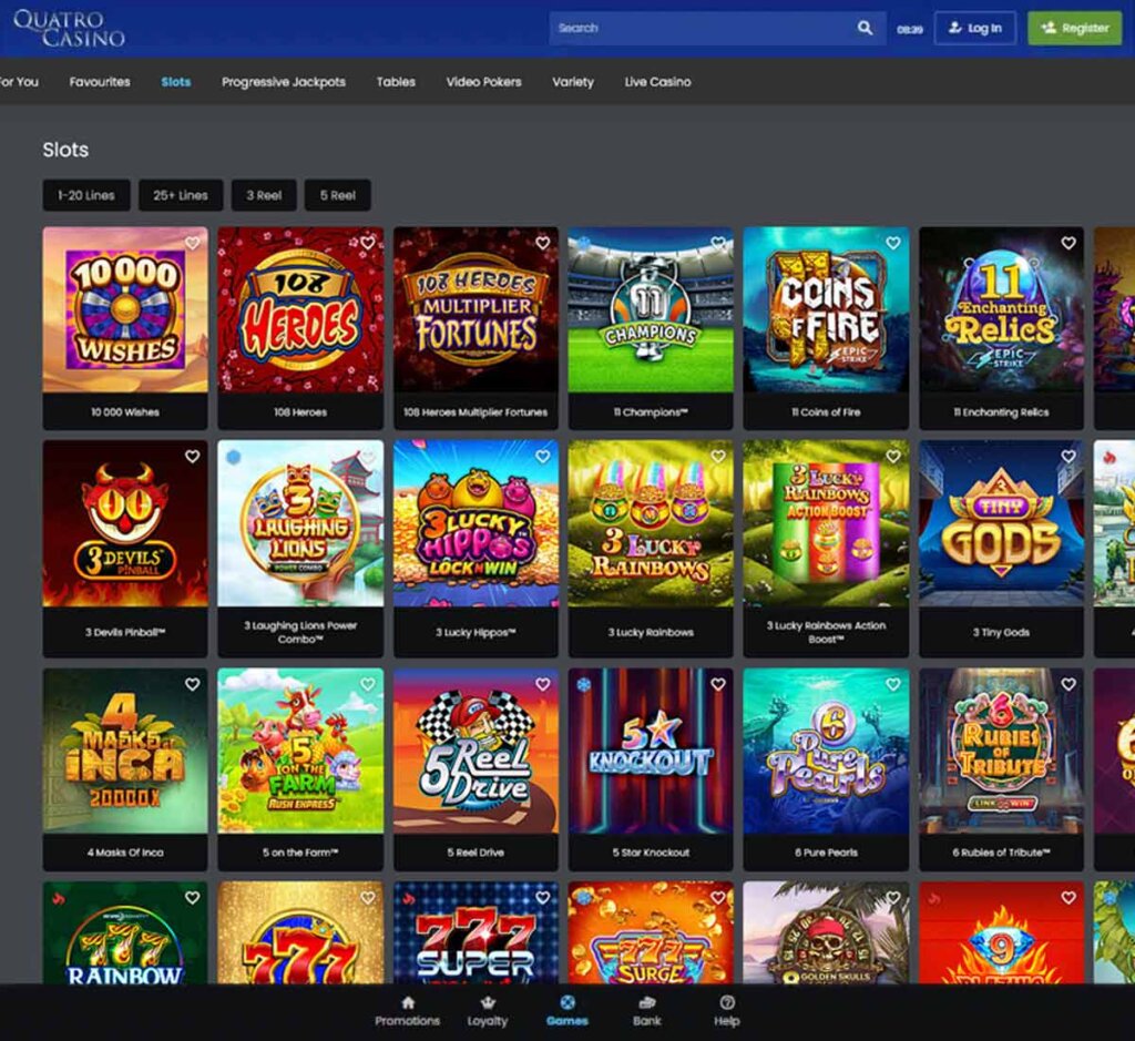 Quatro Casino desktop slots screenshot showing games like 3 Devils, 3 Laughing Lions and 10000 Wishes - tested