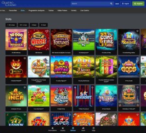 Quatro Casino desktop slots screenshot showing games like 3 Devils, 3 Laughing Lions and 10000 Wishes - tested