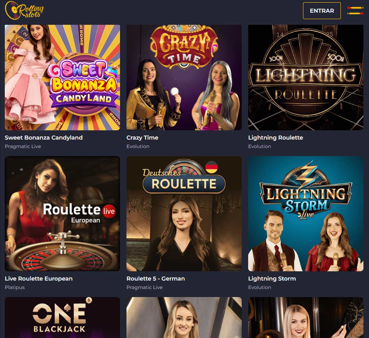RollingSlots Casino desktop live casino screenshot showing live dealer games including roulette, blackjack and baccarat with lobby navigation   tested
