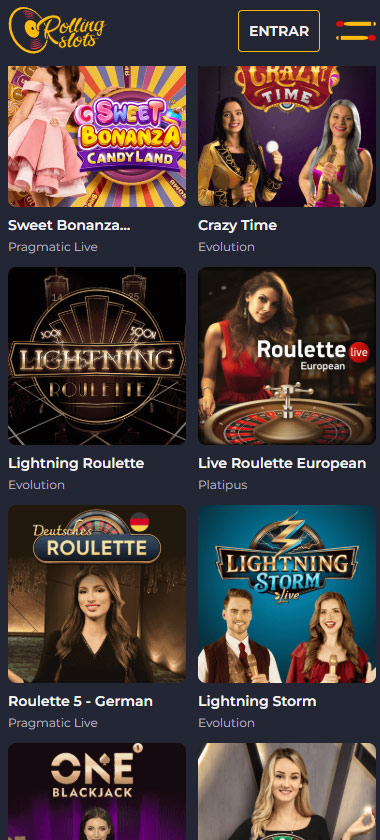 RollingSlots Casino mobile live casino screenshot showing real-dealer tables, game categories and compact lobby layout on smartphone screen - tested