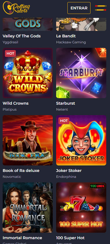 RollingSlots Casino mobile slots screenshot showing slot game categories, featured games and filters on smartphone interface - tested