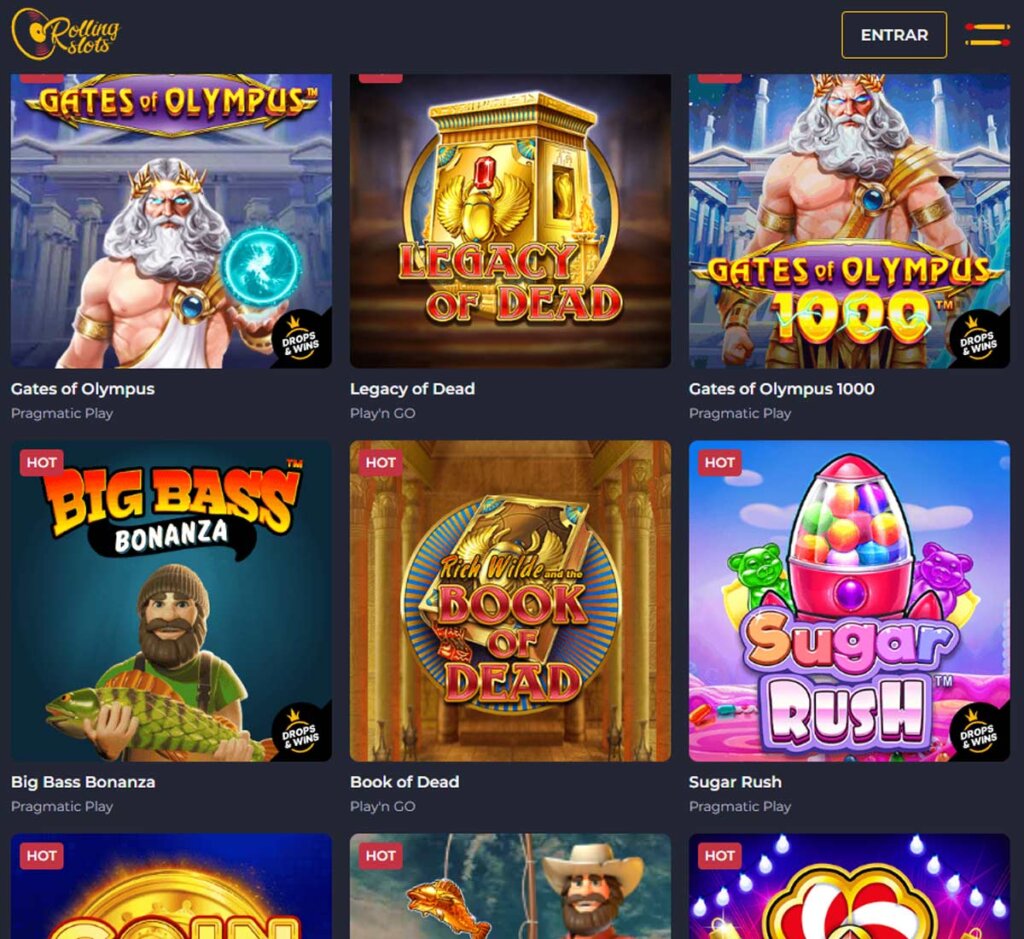 RollingSlots Casino desktop slots variety screenshot showing a wide selection of slot games, categories and featured titles - tested