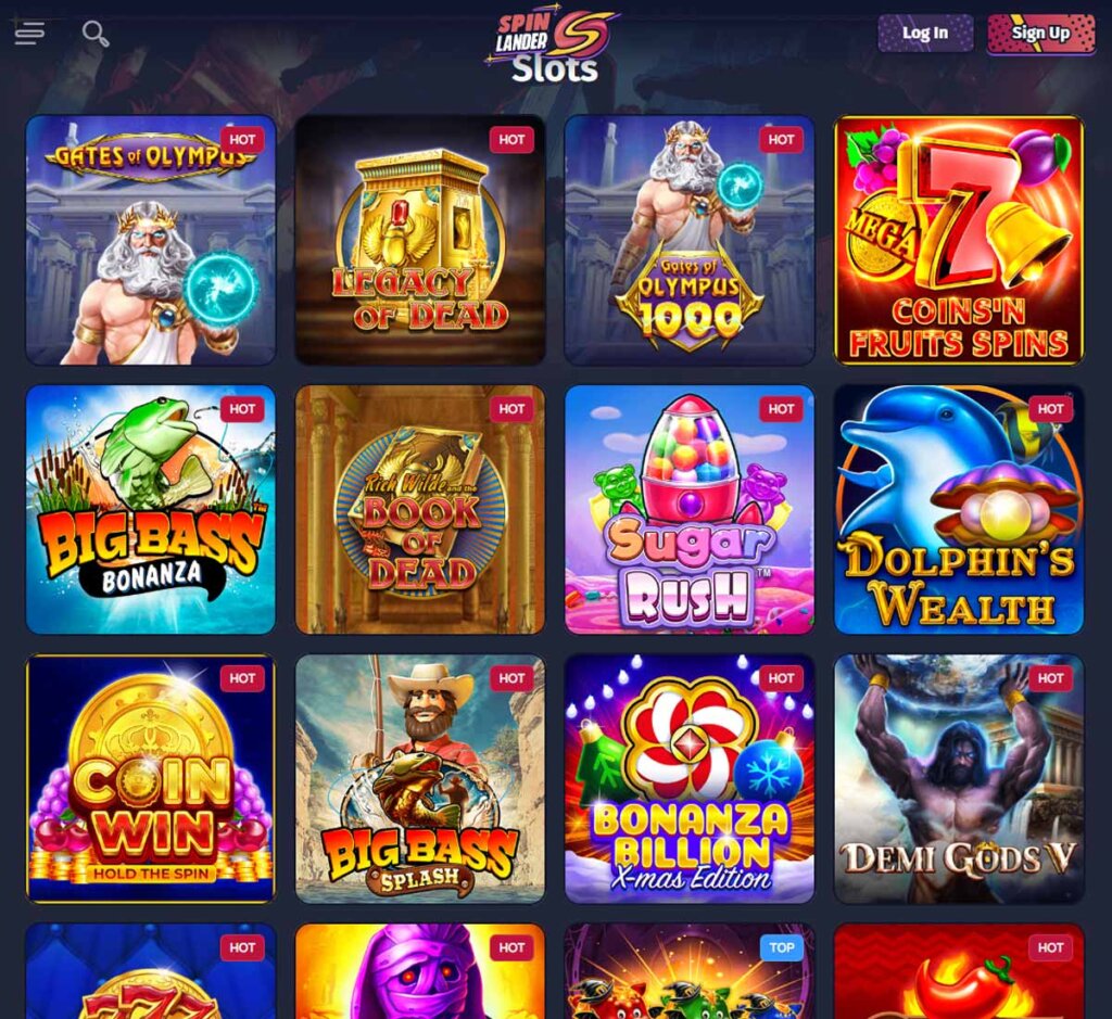 Spinlander Casino desktop slots screenshot showing slot game categories, featured titles and filtering options - tested