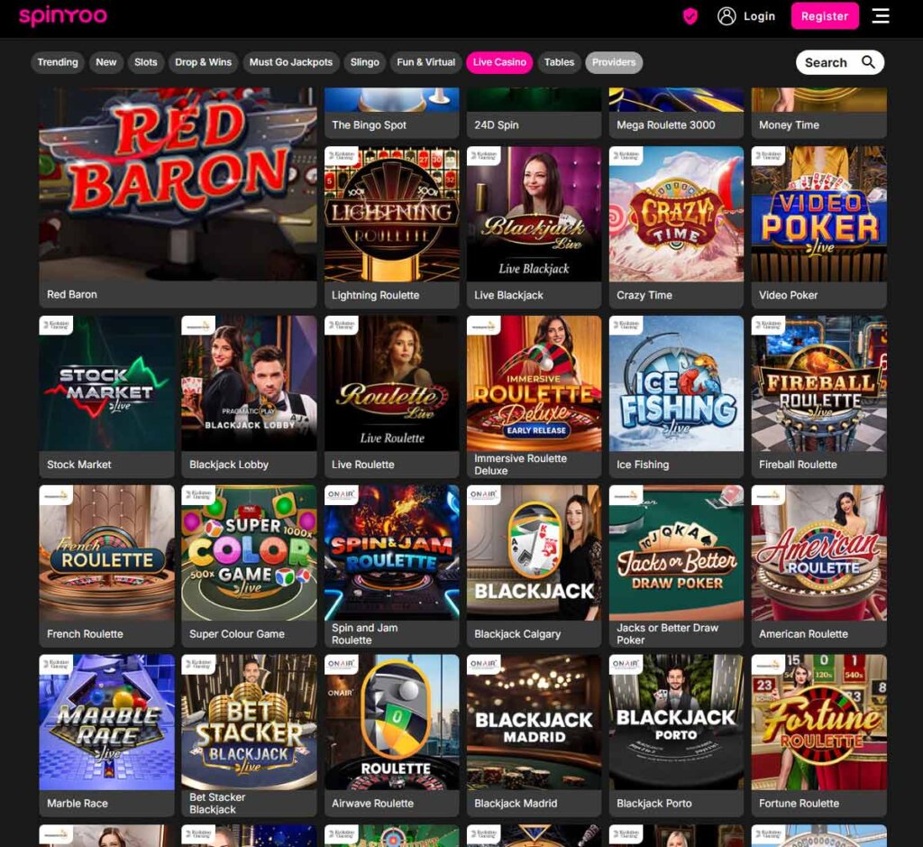 Spinyoo Casino desktop live casino screenshot showing real-dealer tables including roulette, blackjack and baccarat with lobby navigation - tested
