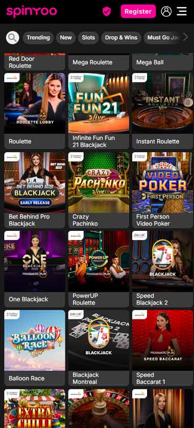Spinyoo Casino mobile live casino screenshot showing real-dealer tables including roulette, blackjack and baccarat with compact lobby layout - tested