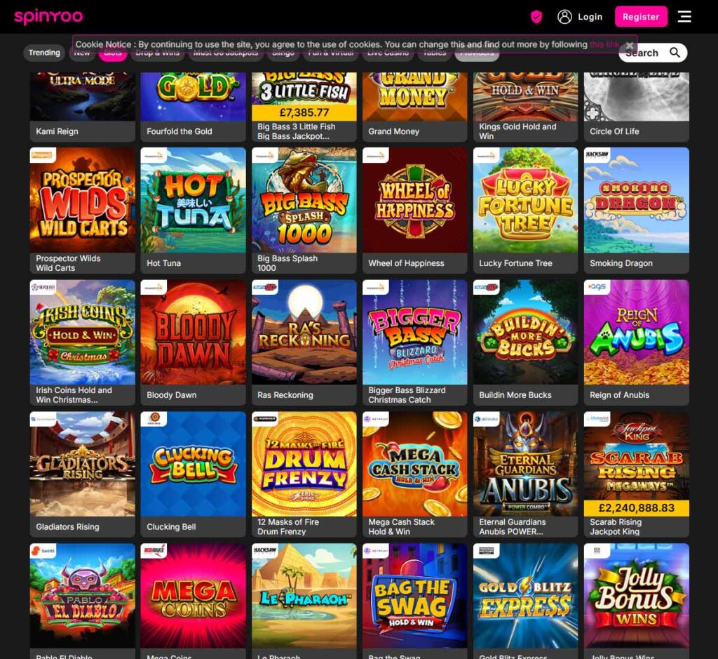 Spinyoo Casino desktop slots screenshot showing slot game categories, featured titles and filtering options - tested
