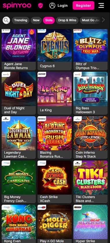 Spinyoo Casino mobile slots screenshot showing slot game categories, featured titles and navigation on smartphone interface - tested