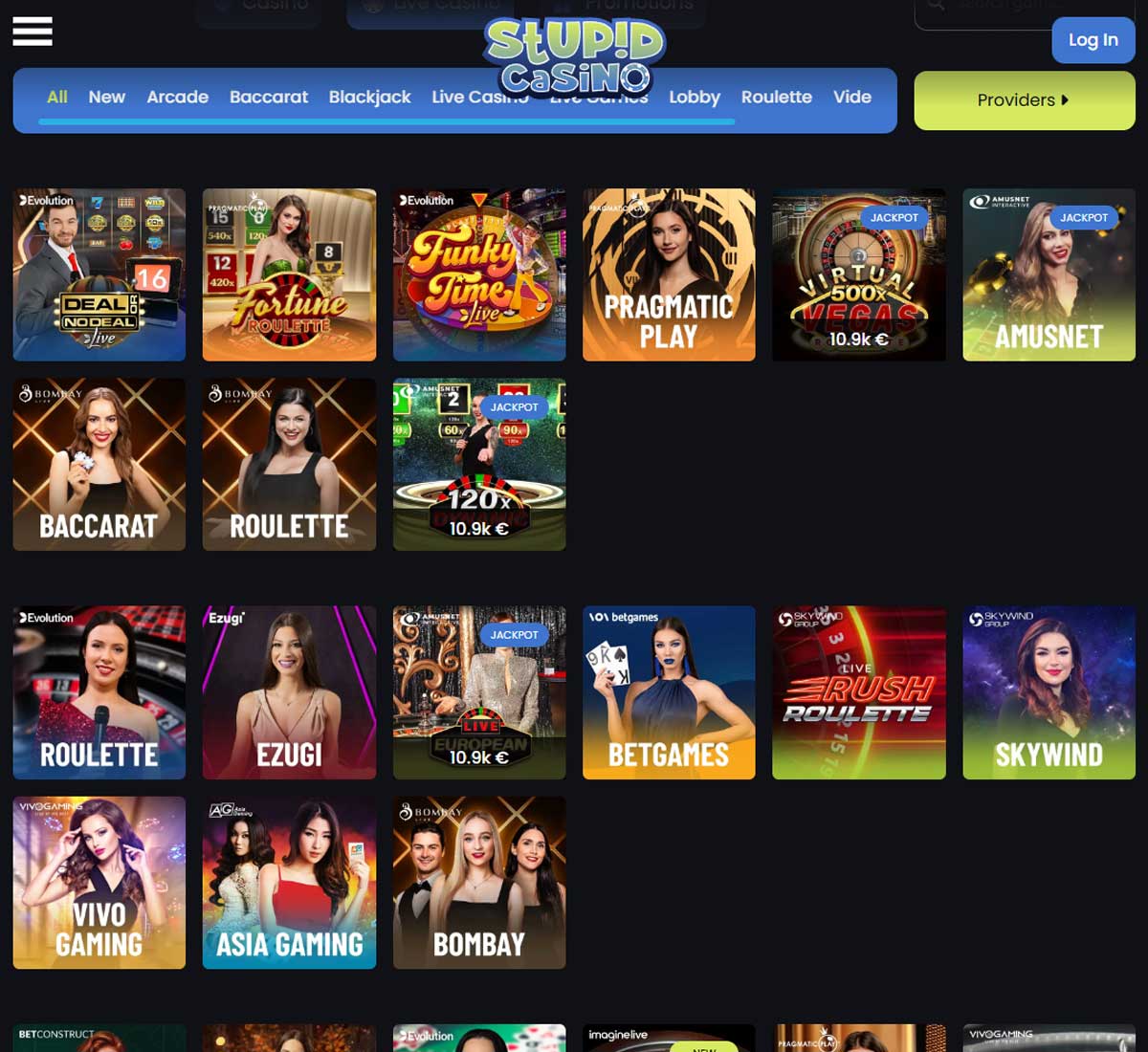 Stupid Casino desktop live casino screenshot showing real dealer tables including roulette, blackjack and baccarat with lobby navigation   tested