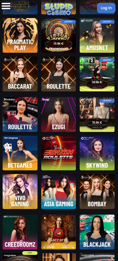 Stupid Casino mobile live casino screenshot showing real-dealer tables including roulette, blackjack and baccarat with lobby navigation - tested