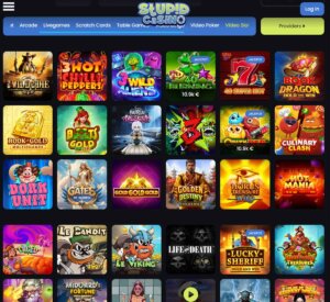Stupid Casino desktop slot section screenshot showing slot games, featured titles and filtering options - tested