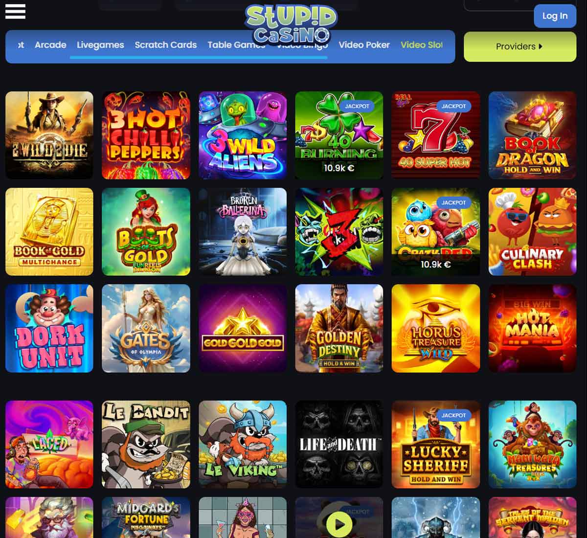 Stupid Casino desktop slot section screenshot showing slot games, featured titles and filtering options   tested