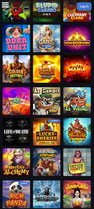Stupid Casino mobile slot section screenshot showing slot games, featured titles and filtering options - tested