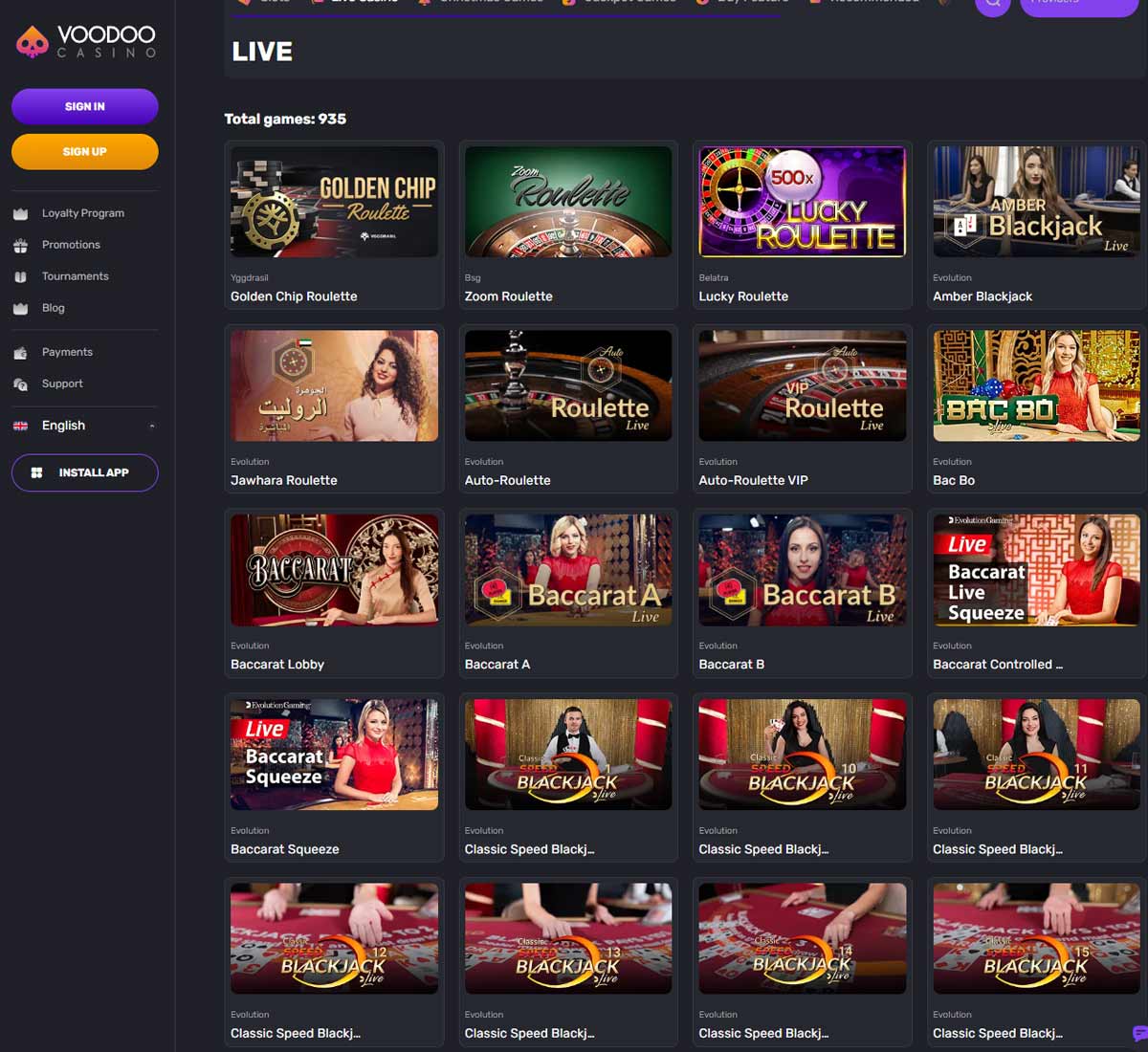 Voodoo Casino desktop live casino screenshot showing real dealer tables including roulette, blackjack and baccarat with lobby navigation   tested