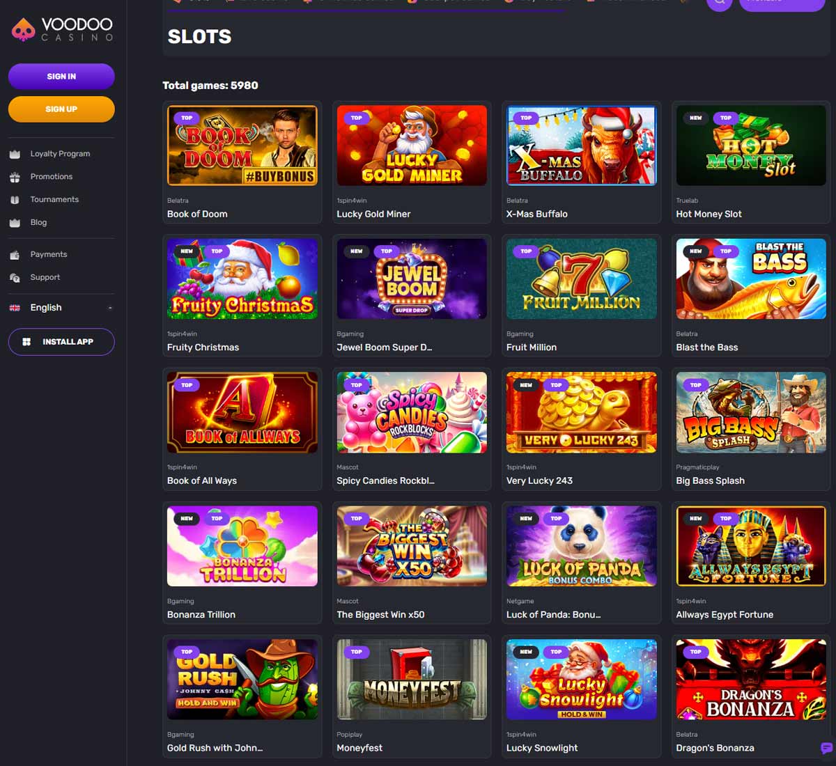 Voodoo Casino desktop slots screenshot showing slot game categories, featured titles and filtering options   tested