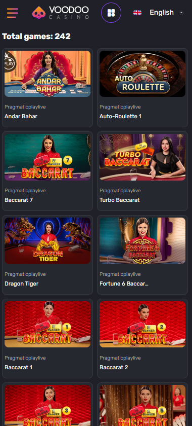 Voodoo Casino mobile live casino screenshot showing real-dealer tables including roulette, blackjack and baccarat on smartphone interface - tested