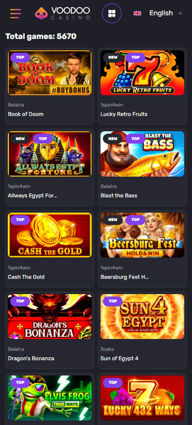 Voodoo Casino mobile slots screenshot showing slot game categories, featured titles and navigation on smartphone interface - tested