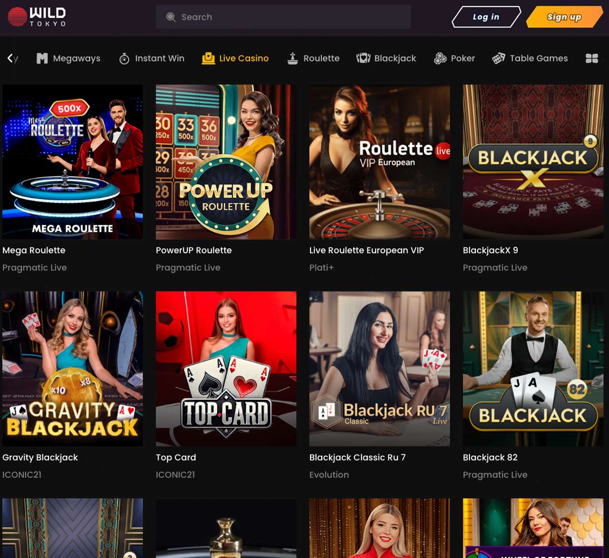 Wildtokyo Casino desktop live casino screenshot showing real dealer tables including roulette, blackjack and baccarat with lobby navigation   tested