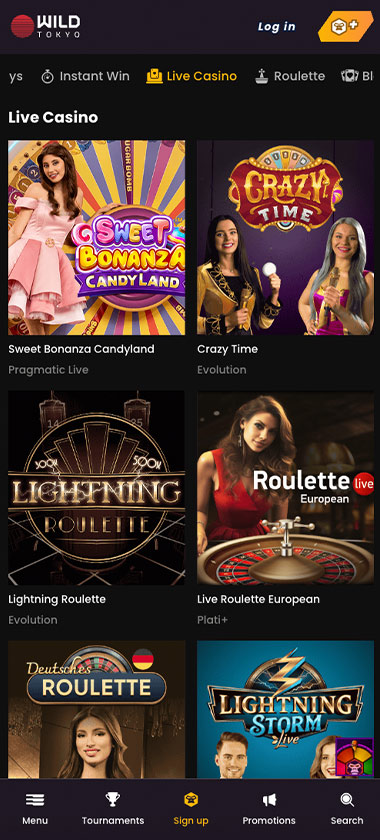 Wildtokyo Casino mobile live casino screenshot showing real dealer tables including roulette, blackjack and baccarat on smartphone interface   tested