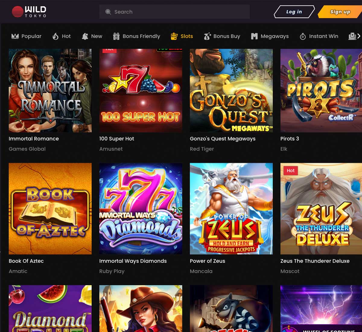 Wildtokyo Casino desktop slots screenshot showing slot game categories, featured titles and filtering options   tested