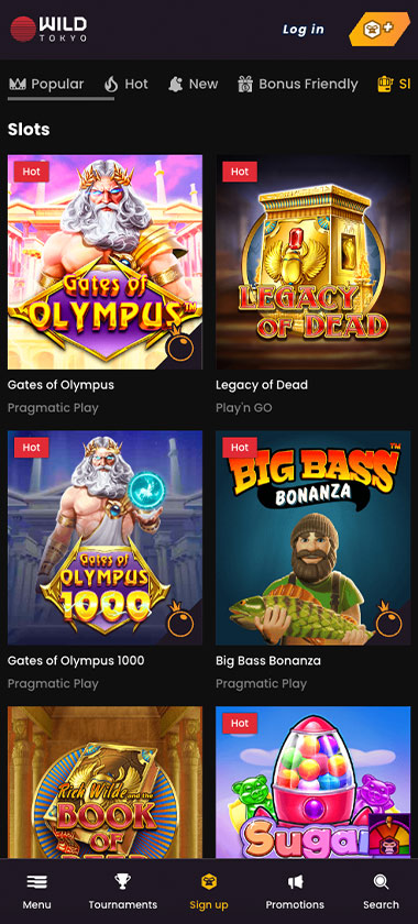 Wildtokyo Casino mobile slots screenshot showing a wide variety of slot games, categories and featured titles in the game lobby on smartphone interface   tested