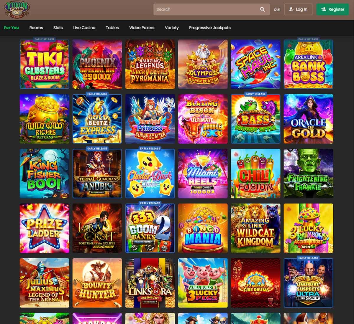 Yukongold Casino desktop interface screenshot showing the main slots lobby with a variety of games   tested
