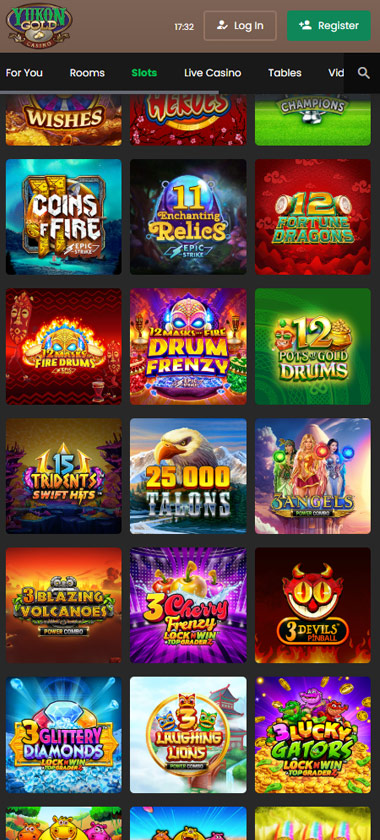 Yukongold Casino mobile interface screenshot displaying a variety of popular slot titles   tested during our analysis